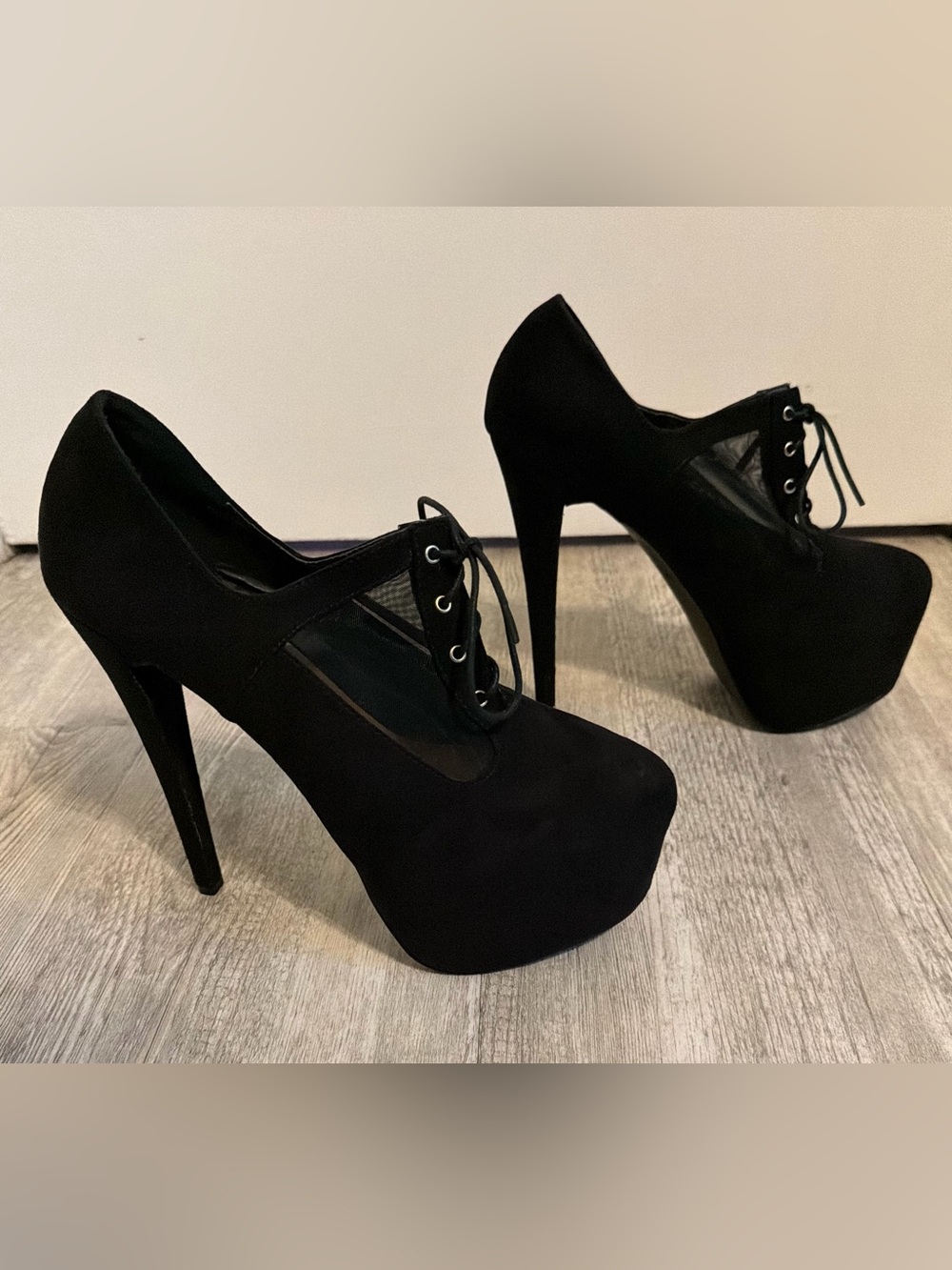 JustFab Black Mesh Lace Up Platform Stiletto Heels Approx Size 8-8.5